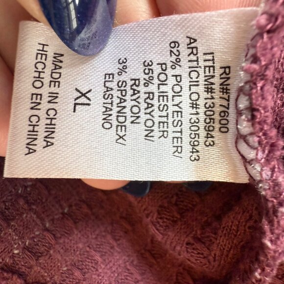 Chaser‎ Burgundy Waffle Knit Long Sleeve Top With Button Cuffs Women’s XL Casual - Picture 3 of 5